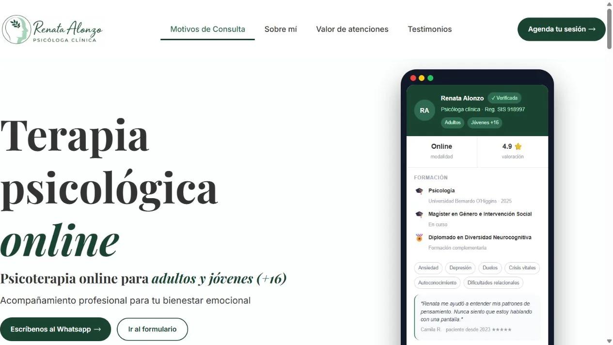 Vista del sitio de psicoterapia online Renata Alonzo