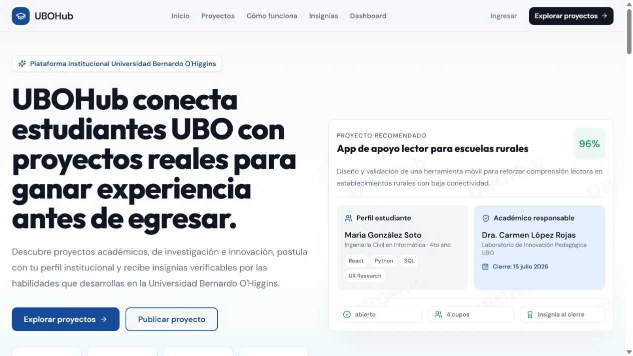 Captura real de UBOHub, plataforma de proyectos universitarios